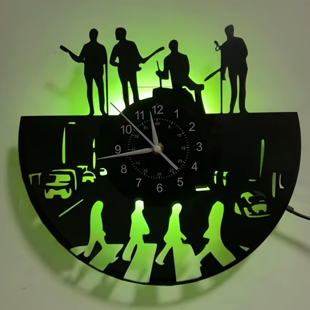 Horloge murale LED en vinyle avec motif bande de musique, horloge murale rétro avec rétroéclairage 7 couleurs, horloge murale décorative musicale, cadeau pour les amateurs de musique