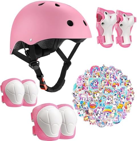 Toddler Bike Helmet with Knee Elbow Wrist Pads Guards,Pink Girls Bike Helmet for Ages 2-3-5-8-14,Sports Protective Gear Set for Bicycle,Skate Scooter,Rollerblading with Unicorn Sticker