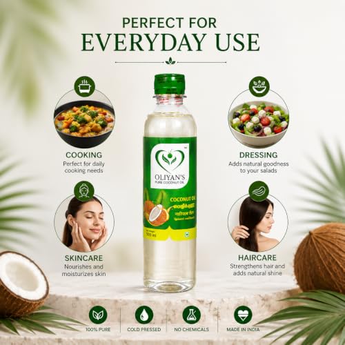 Image of OLIYAN'S Kerala Pure Coconut Oil, 500 ml | 100% Pure Cold Pressed, Edible, Hair & Skin Care, No Chemicals