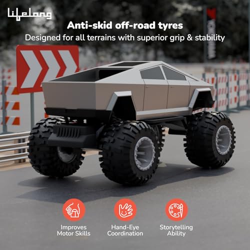 Image of Lifelong Cuppy Rechargeable Cyberon Truck RC Car Toy for Kids|Off-Road Remote Control with Turbo Speed, 4 LED Modes, Anti-Skid Tyres, Type-C Charging, 2.4GHz, 100 ft Range|BIS Certified (Silver)
