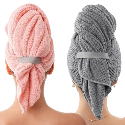 2 PCS Microfiber Towel Hair Hair Drying Towels for Long Thick Curly Hair Quick Dry Hair Towel Wrap with Elastic Strap Pink and Gray Colors 60cm x 100cm
