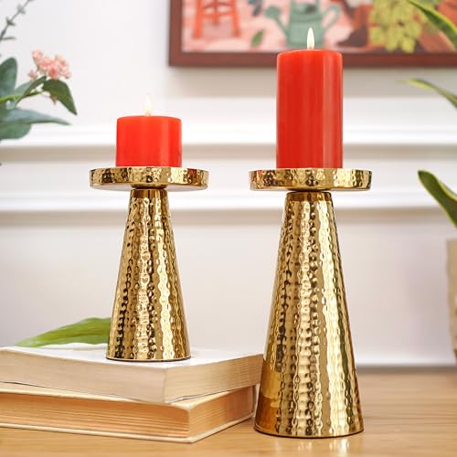 Image of Behoma Handcrafted Hammered Gold Metal Pillar Candle Holders Pack of 5 Sets | Decorative Candle Stand Set for Modern Centerpiece for Home Decor, Dining Table, Wedding, Diwali & Housewarming Gifts | Golden leaf-shape metal tray, small size; perfect for mandap, haldi, mehendi & Navratri decor.