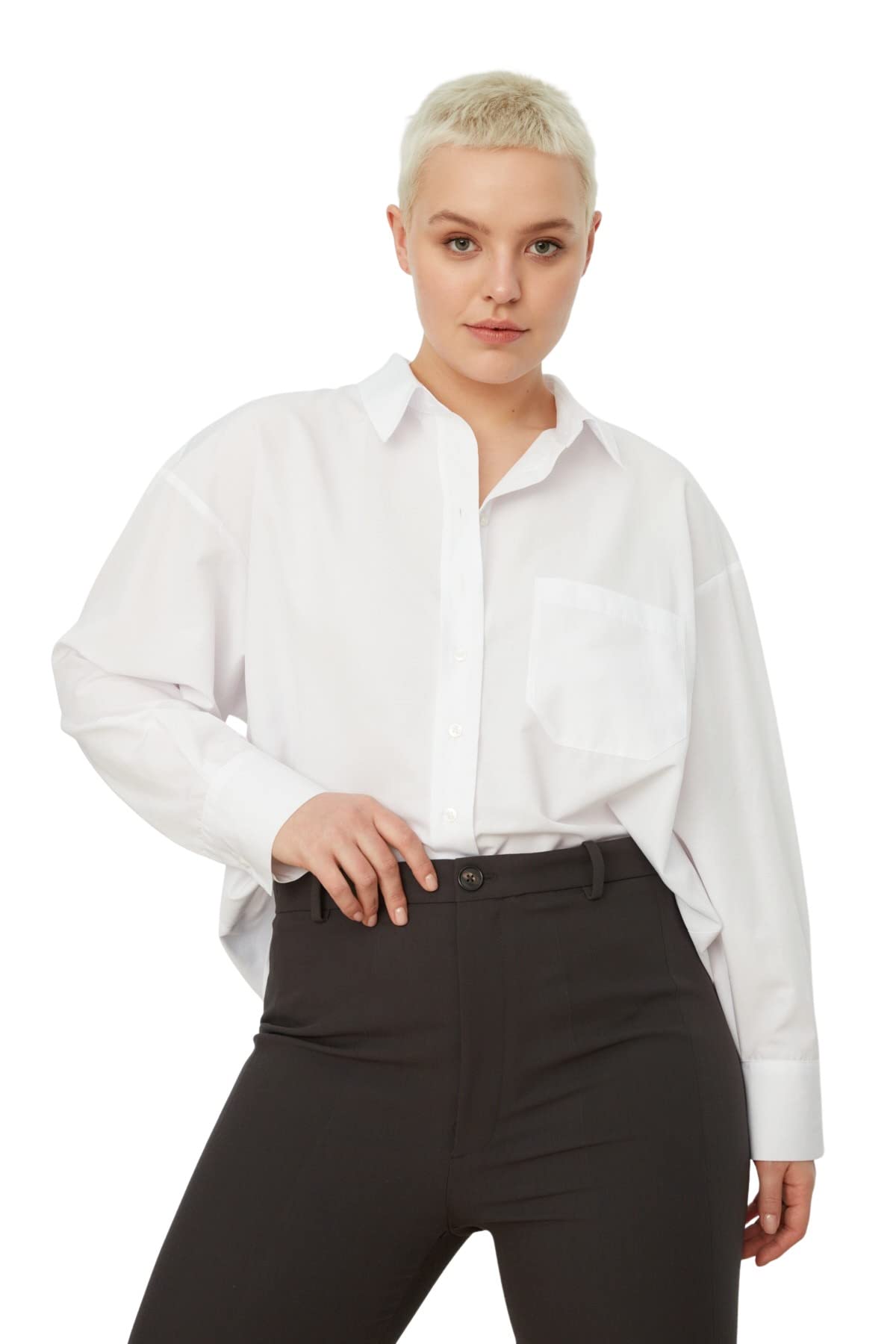 Trendyol Women's Straight Long Sleeve Regular Plus Size Shirt, White, 28