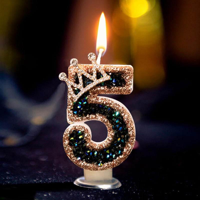 Luxury Queen Style Black Diamond Crown Birthday Number Candles Elegant Cake Topper for Birthday Parties Reusable Decor for Kids (Black,5)