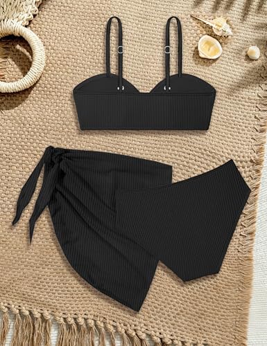 Image of Girls Swimsuit V Neck Bikini Set Color Block with Cover Up 3Pcs Bathing Suits