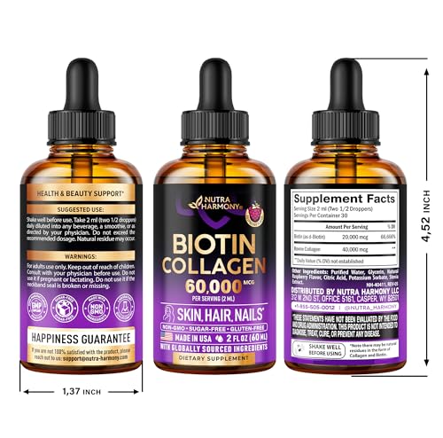 Nutraharmony DB-0223 Liquid Biotin & Collagen - Vitamins For Hair Growth Support For Women & Men - Extra Strength 60000 Mcg Drops - B7 Supplement thumb #8