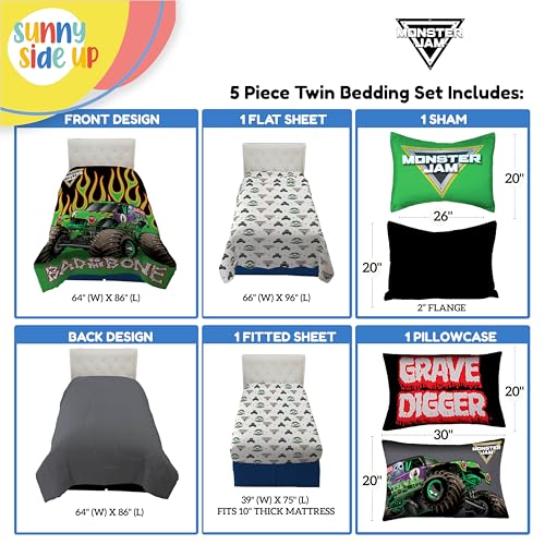 Image of Sunny Side Up Monster Jam Twin Comforter Set - 5 Piece Kids Bedding Includes Comforter, Sheets & Pillow Cover - Super Soft Trucks Microfiber Bed Set