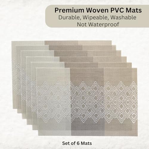 Image of Livmodern Premium PVC Dining Table Mats for 6 Seater| Woven PVC Mats | Moderate Heat Resistant Table Mats| Wipeable & Washable Set of 6 - Earthy Lattice