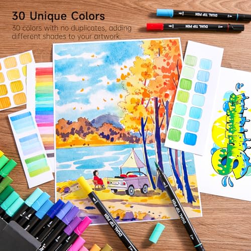 Image of Shuttle Art Dual Tip Brush Marker Pens, 30 Colors Dual Tip Calligraphy Pens Fine and Brush Tip Markers Set, Water-based Ink Perfect for Kids Adult Artist Calligraphy Journal Doodling Writing