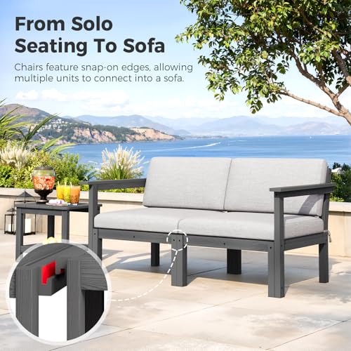 Image of Modular Outdoor Patio Conversation Set, 3-Piece HIPS Chairs with Side Table & Thick Cushions- Side Interlock & Detachable Armrest, All-Weather Patio Furniture Set for Backyard, Deck, Poolside