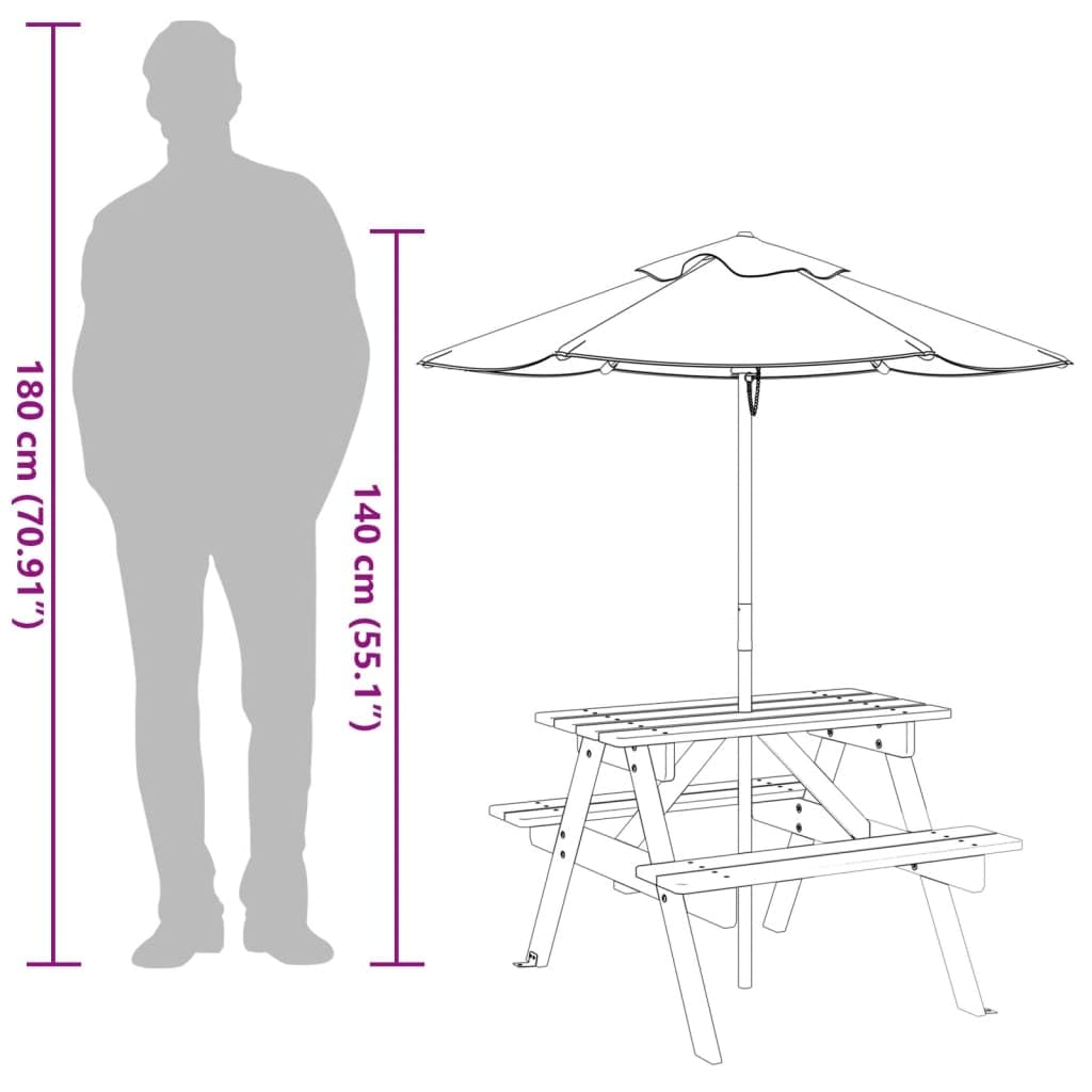 Tavolo da picnic per 4 bambini in legno di abete massiccio con ombrellone, tavolo da giardino per terrazza e balcone, tavolo da esterno stabile per cene, barbecue, feste in giardino e in