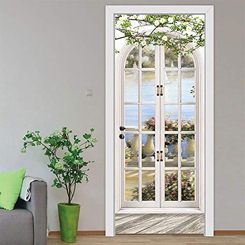 Kacolor 3D Stairs Art Door Sticker For Bedroom Livingroom Bathroom, 2Pcs Wall Decal Self-Adhesive Waterproof Removable Door Murals Wallpaper Home Decoration (S, Window View) #TOP1