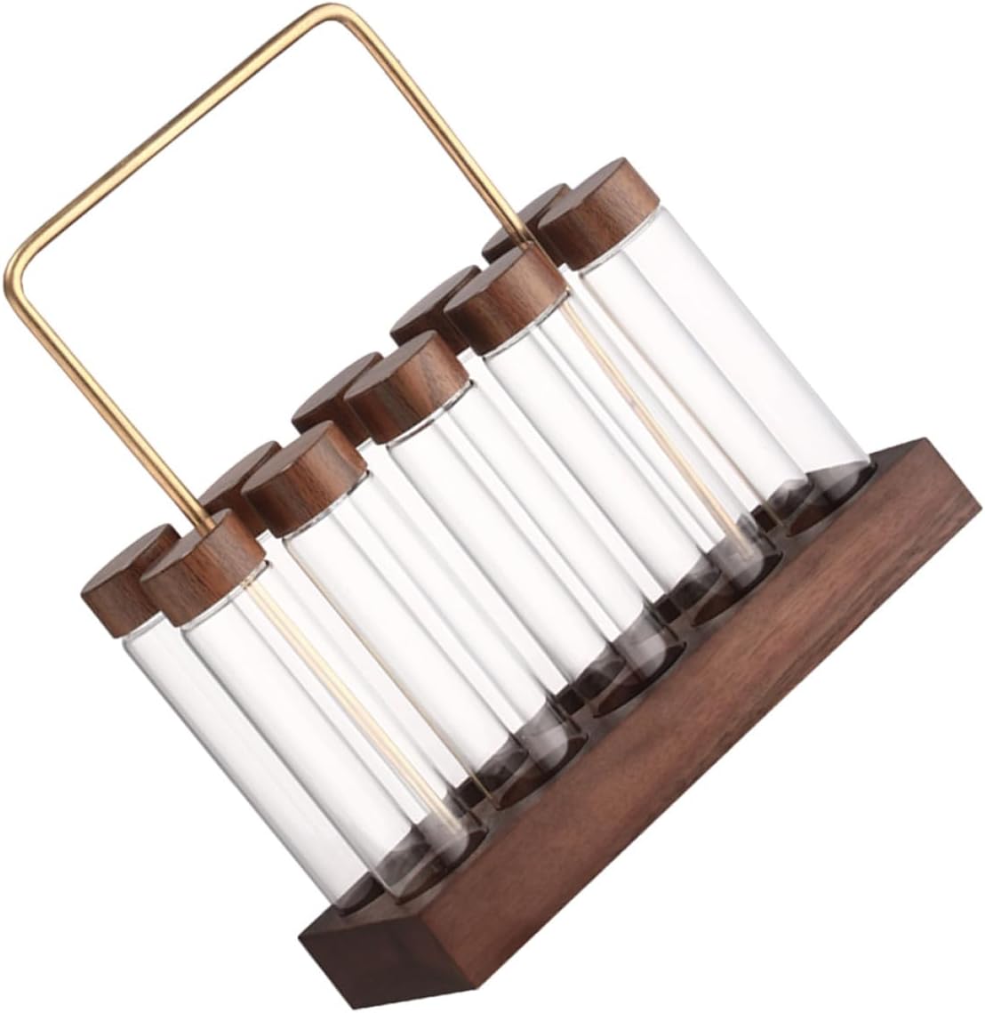 VICASKY Coffee Beans Storage Tubes with Glass Sealed Jars and 10-hole Walnut Wood Stand Airtight Coffee Bean Glass Containers and Display