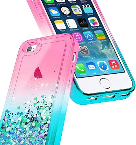 Nznd Case For Iphone 5C With Screen Protector (Hd Clear), Ring Holder/Wrist Strap, Sparkle Glitter Flowing Liquid Floating Waterfall Shiny Bling Girls Kids Women Cute Case -Pink/Aqua #TOP2