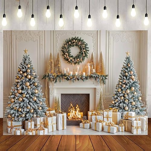 8 x 6 ft Gold Christmas Fireplace Photo Backdrop Winter Xmas Tree Gifts Background Kids Holiday Party Banner Portrait Photobooth Party Banner Decorations Photo Studio Props