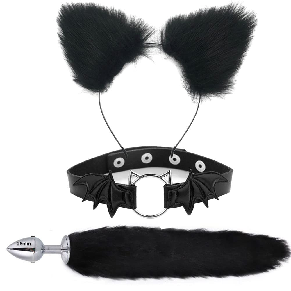 3PCS Animal Cosplay Costume Furry Fox Tail Plug Cute Ears Headband Bat Style Neck Collar Set For Halloween Party (Black B)