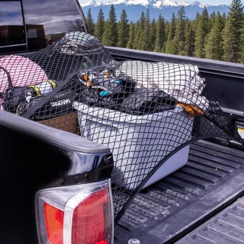 Image of STHIRA Truck Bed Cargo Net with 4 Hooks, Heavy Duty Stretch Mesh Cargo Net for Pickup Truck Bed, Elastic Load Restraint Net for Load Securing, Travel Gear, Equipment and Outdoor Transport, 120x120cm