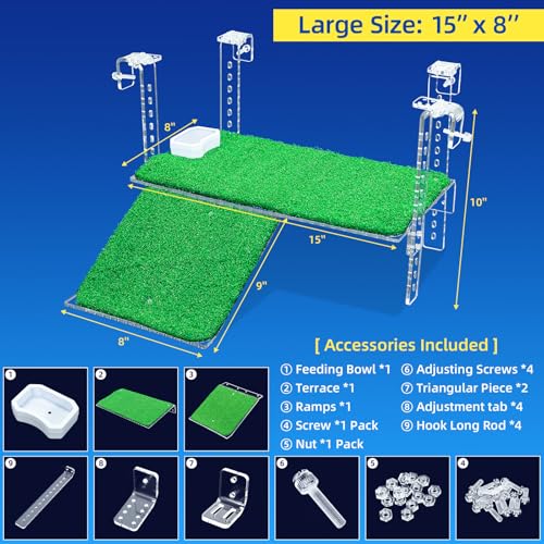 Image of Turtle Basking Platform with Artificial Grass & Adjustable Ramp Non-Slip Large Dock for Aquatic Turtles Fits 0.31 inch-2.11 inch Thick Tanks Durable Acrylic Turtle Tank Accessories 15 Inch