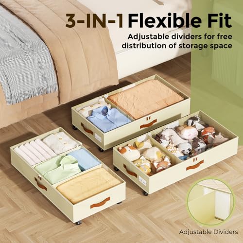 LAMU-Under-Bed-Storage-with-Wheels-2-Pack-Under-Bed-Storage-Containers-with-Clear-Lids-Label-Rolling-Under-Bed-Drawers-for-Clothes-Shoes-Blankets-Beige