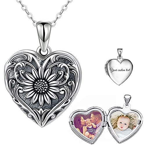 Product Image of the SOULMEET Personalized Sunflower Heart Locket Sterling Silver Necklace That Holds 2 Pictures Memory Photo Lockets Custom Any Photo (Custom photo & text)