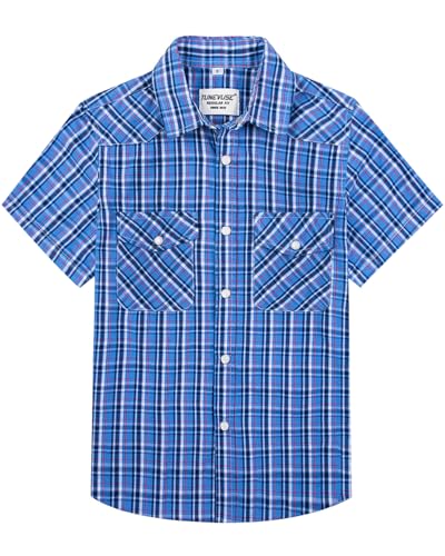 TUNEVUSE Boys Western Shirts Pearl Snap Short Sleeve Casual Plaid Button Down Kids Shirt 100% Cotton Blue 9-10Y