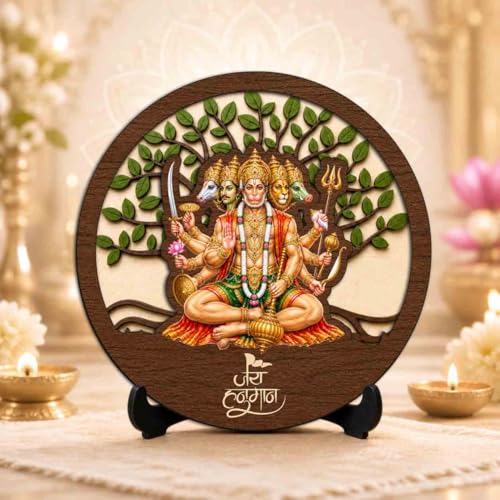Image of Panchmukhi Hanuman Ji Round Wooden Devotional Idol with Stand for Puja Room, Home Decor & Religious Gift - 5x5 Inch