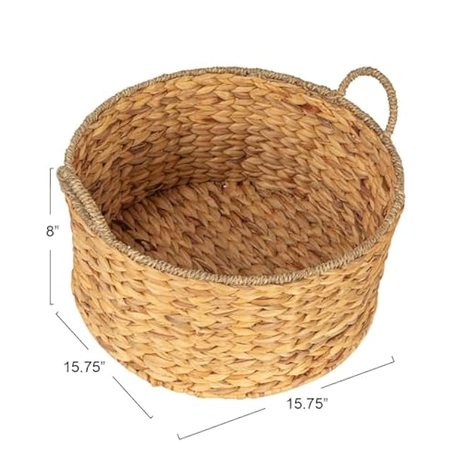 Household Essentials Round Handwoven Water Hyacinth and Seagrass Basket with Handles, Natural