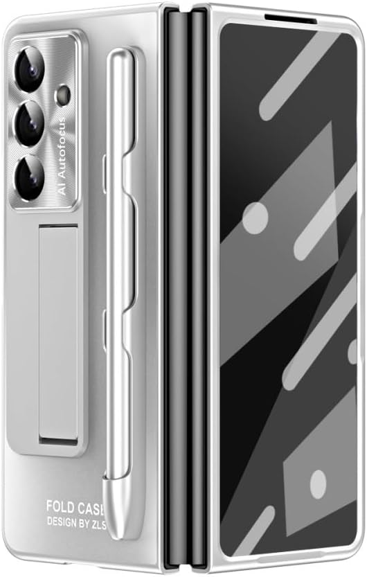 with S Pen &Holder Case for Samsung Galaxy Z Fold 7 6 5 4 3 5G Built-in Screen Protector & Invisible Kickstand Bracket, Camera Protect Heavy Duty Shockproof Cover Cases (Z Fold 6,Silver)