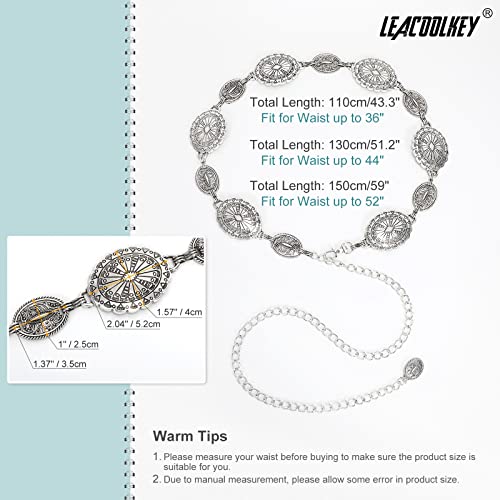 Leacoolkey Women Silver Western Concho Chain Belt Boho Metal Body Western Cowgirl Chain Belt For Dress Adjustable #TOP2