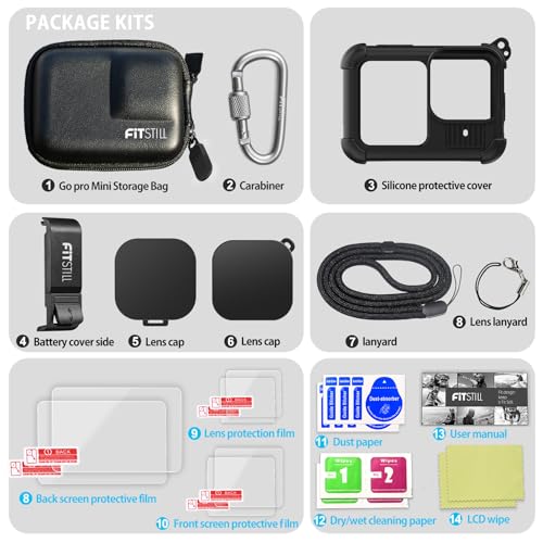 Image of FiTSTILL Silicone Sleeve Mini Carrying Case Only for Go Pro Hero 13 Black Standard Lens,Battery Side Cover&Screen Protectors& Lens Caps&Lanyard for Hero13 Accessories Kit