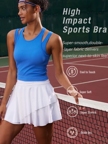 Image of RUNNING GIRL Sports Bras for Women High Impact Seamless Ribbed Longline High Neck Workout Crop Tank Tops Padded(BX3036Bright Blue,M)