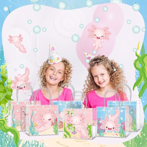 Image of Teenyyou 24 Pcs Axolotl Party Favor Bags Amphibian Clear PVC Gift Bags with Handles for Birthday Party Decorations