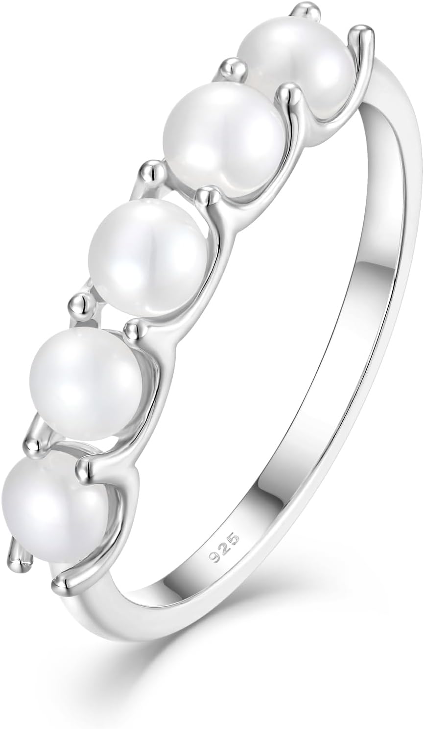 Freshwater Pearl Stackable Rings for Women 925 Sterling Silver 5 Pearls Diameter 4 mm Half Eternity Engagement Promise Wedding Band Rings Jewelry for Size 6-9