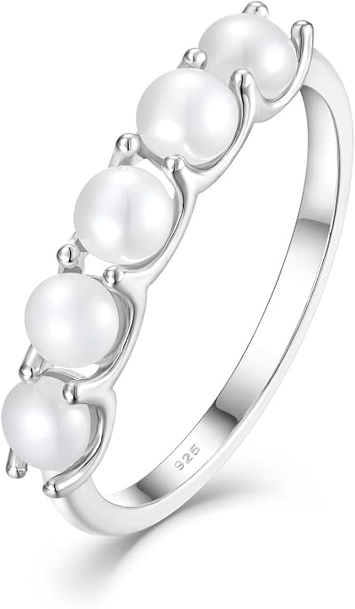 Freshwater Pearl Stackable Rings for Women 925 Sterling Silver 5 Pearls Diameter 4 mm Half Eternity Engagement Promise Wedding Band Rings Jewelry for Size 6-9