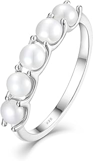 Freshwater Pearl Stackable Rings for Women 925 Sterling Silver 5 Pearls Diameter 4 mm Half Eternity Engagement Promise Wedding Band Rings Jewelry for Size 6-9