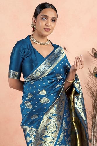 Image of Subham Women Saree Chandrakor Paithani Silk Cotton | Soft Daily Wear Golden Zari Sari with Unstitched Blouse