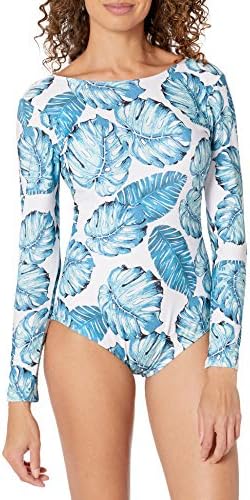 CPUTAN Women's Rashguard Long Sleeve Zip Swimsuit Print Surfing one Piece Swimwear (Medium, S-Leaf)