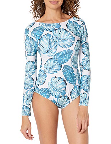 Cputan Women's Rashguard Long Sleeve Zip Swimsuit Print Surfing One Piece Swimwear (Medium, S-Leaf) #TOP3