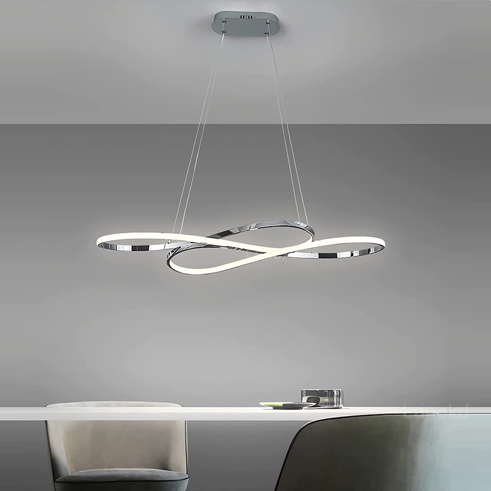 Lanekd Lampada a Sospensione Lampada da Tavolo da Pranzo Cromo Lampadario LED Dimmerabile Con Telecomando 36W Soggiorno Lampada Moderna Regolabile Altezza Ufficio Cucina Lampadari (Cromo)