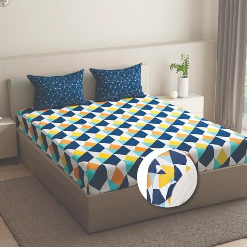 Image of Wakefit Conton Geometric Fitted Bedsheet | 200 TC Elastic Fitted Sheet, Double Bed Bedsheet with 2 Pillow Covers | Nicole - 72X48 Inches, Multicolor