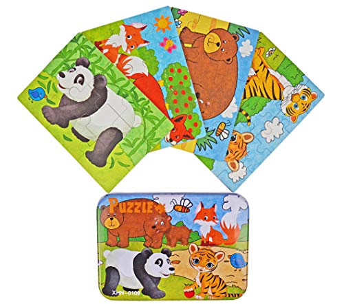 Portable Jigsaw Puzzles 4-Pack 4 Complexities Wooden Travel Puzzles with an Iron Box, Best Gifts for Boys and Girls (Jungle Animals)