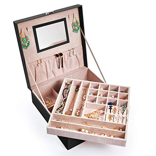 Preisvergleich Produktbild Meerveil Schmuckkästchen, verschließbare Schmuckschatulle, Schmuckkasten mit 2 Ebenen, Schmuckkoffer mit Spiegel, Schwarz