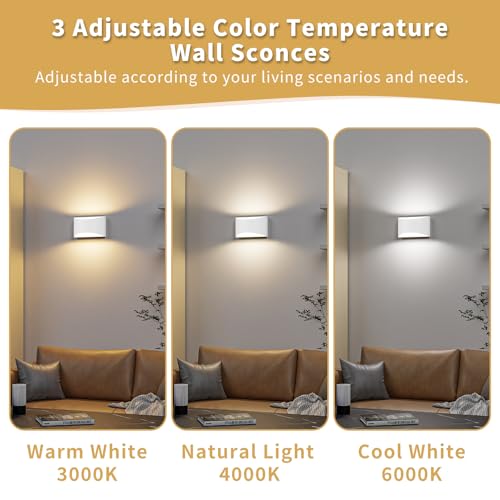 Image of White Modern LED Wall Sconce, 3 Colors Hardwired Indoor Wall Lights | 3000K /4000K /6000K, 10W Up and Down Wall Mount Light with Memory Function, Wall Lamp for Bedroom Living Room Hallway Corridor