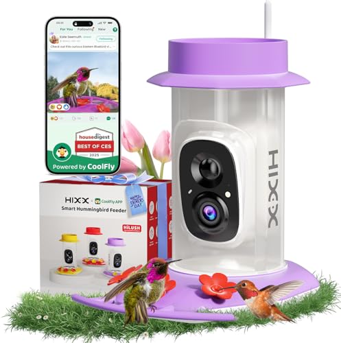 HIXX Smart Hummingbird Feeder with Camera Solar Powered, with Ant Moat & Bee Proof AI Bird Recognition, Easy Clean & Refill, with Coolfly Birdwatching APP, Ideal Gifts for Hummingbird Lover (Purple)