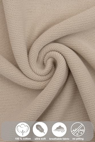 Image of Lilax Cotton Knit Receiving Blanket, Warm Cozy Swaddle Cuddle Stroller Crib Blanket for Newborns Infants & Toddlers 33.5 inch x 31.5 inch, Beige