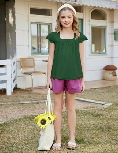 Image of Arshiner Girls Shirts Short Sleeve Square Neck Summer Lace Openwork Pleated Tops Blouse Tunic