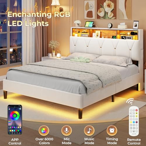 ADORNEVE Full Size Bed Frame with Led Lights and Storage Headboard, LED Bed Frame with Charging Station, Velvet Upholstered Platform Bed Frame Full Size with Shelf Headboard, Noise-Free, Creamy White - Thumbnail 3