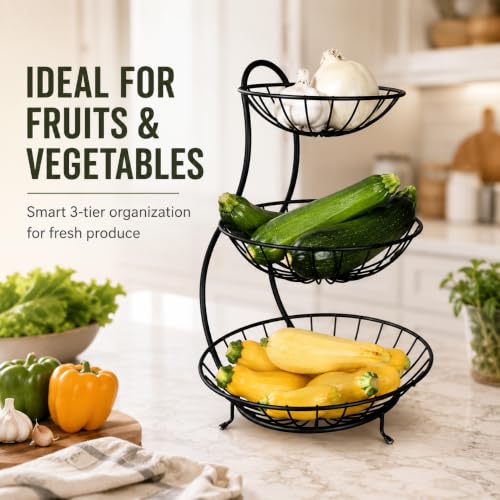 Image of Homeor Counter Top 3-TierFruit & Vegetable Basket For Dining Table, Centre Table I Metal Fruit Bowl or Bread Basket Vegetables Storage Organizer Holder I Multi-Purpose Basket for Kitchen & Home, Black