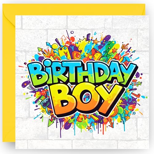 Boy Birthday Card - for Son Grandson or Nephew - Birthday Boy Graffiti Design - for Teens or Tweens - 4th 5th 6th 7th 8th 9th 10th - with vibrant Yellow Envelope - size: 14cm