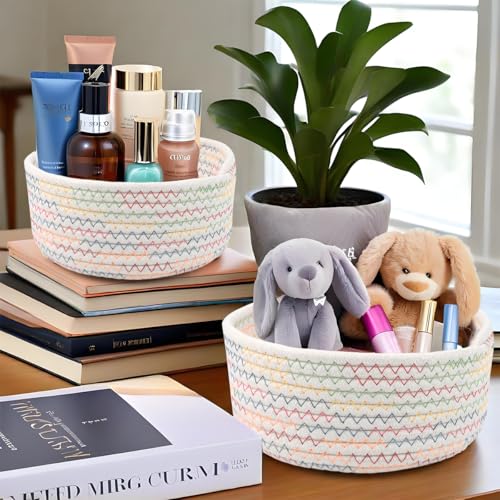2er Set Aufbewahrungskorb Baumwollseil Geflochten runde körbchen organizer körbe Geflochte Aufbewahrungskorb für Badezimmer Wickeltisch Zubehör Flechtkorb Baumwolle Deko Kinderzimmer Spielzeug